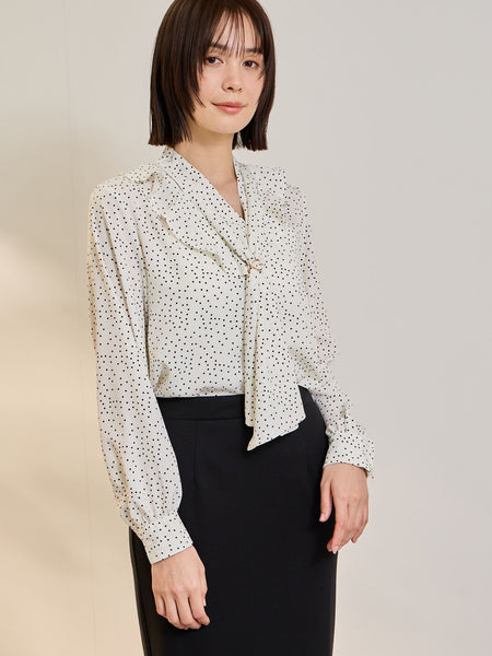 デシンVネックフリルドットボウタイブラウス
