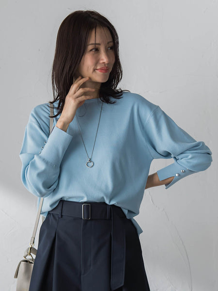 【新色追加】袖ボタンクルーネックニット ≪手洗い可能≫