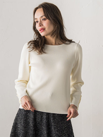 袖フリルパールリブニット