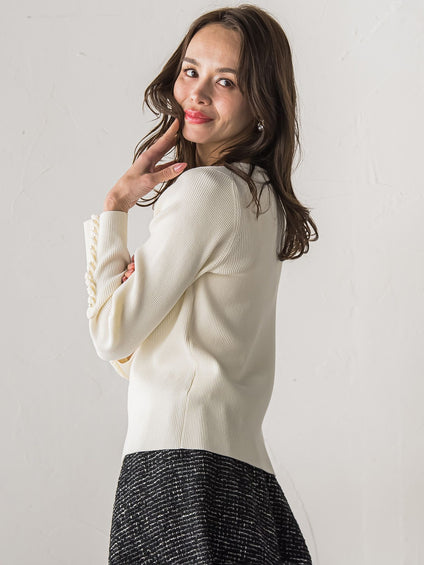 袖フリルパールリブニット