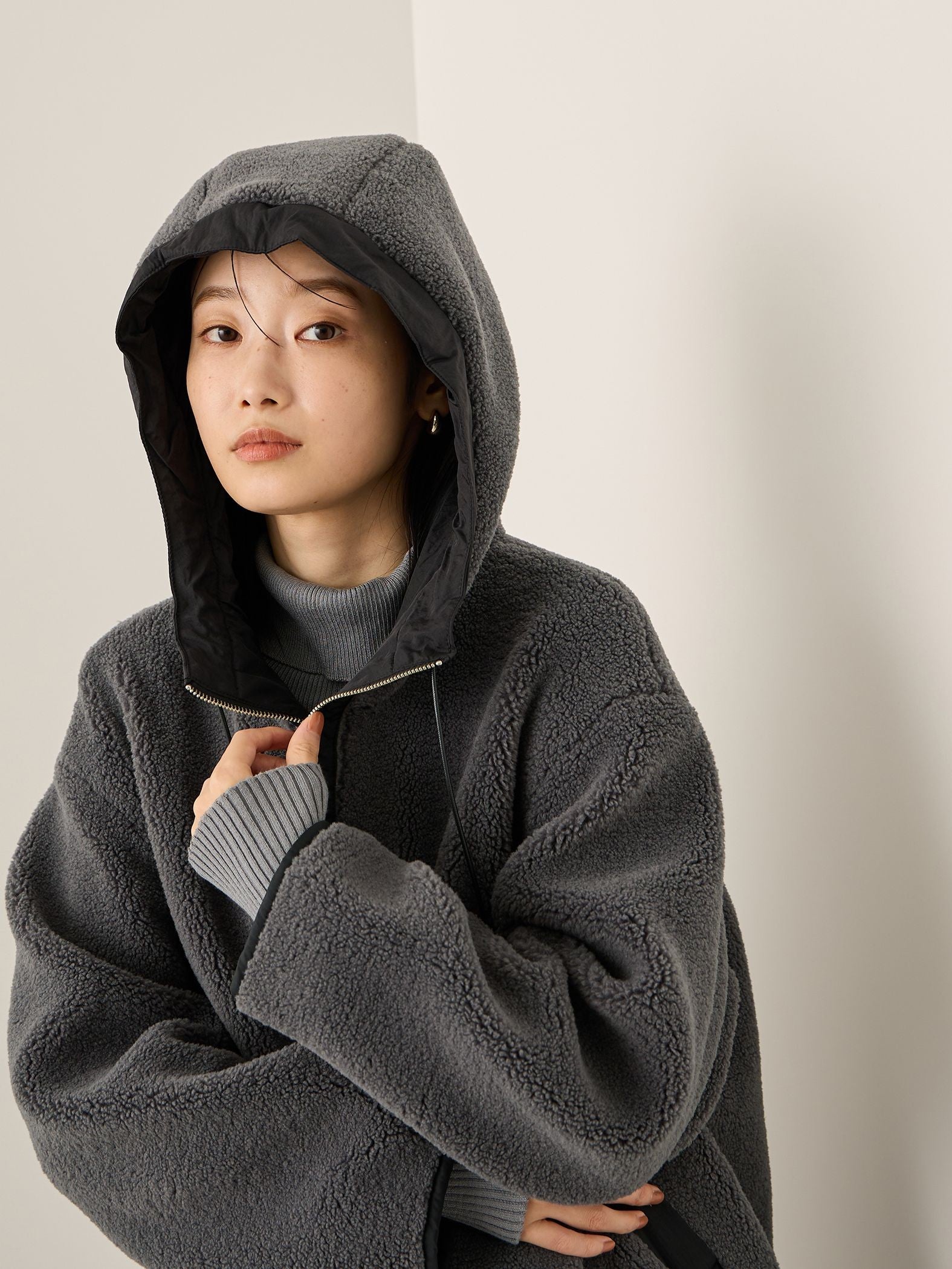 配色ボアフーディコクーンブルゾン