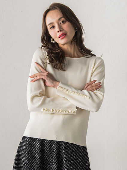 袖フリルパールリブニット