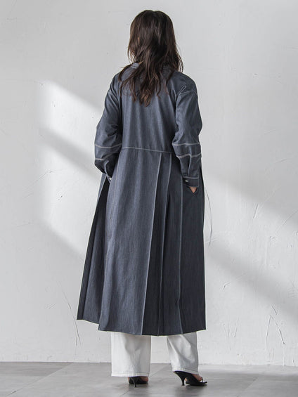 配色ステッチシャンブレーサイドプリーツワンピース≪手洗い可能≫