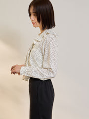 デシンVネックフリルドットボウタイブラウス