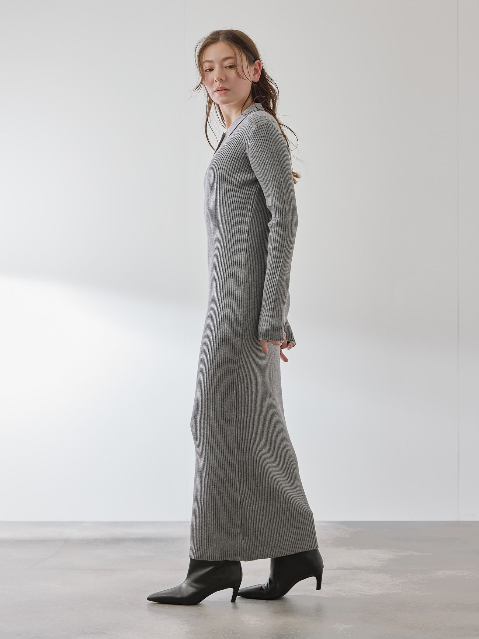 ポロカラーリブニットワンピース≪手洗い可能≫