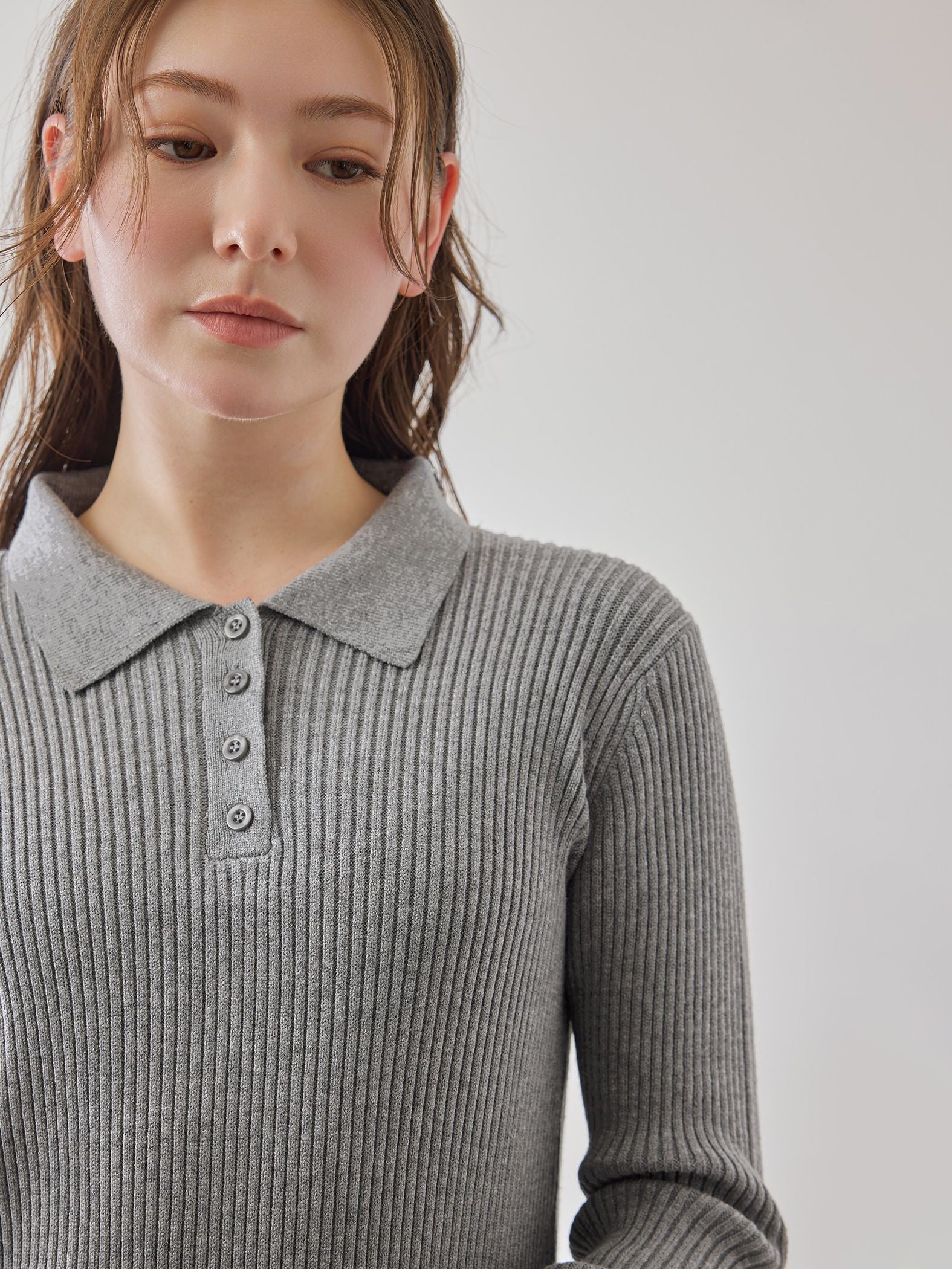 ポロカラーリブニットワンピース≪手洗い可能≫