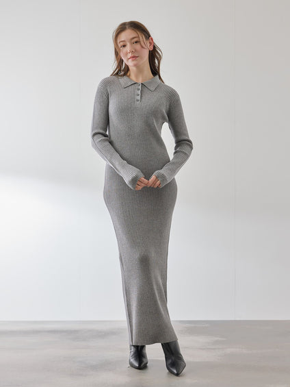 ポロカラーリブニットワンピース≪手洗い可能≫