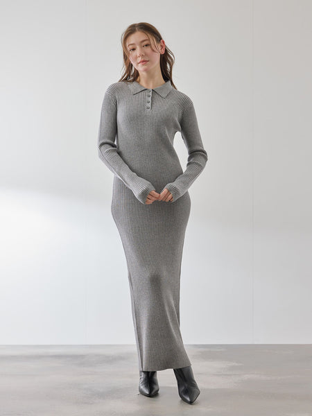 ポロカラーリブニットワンピース≪手洗い可能≫