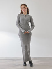 ポロカラーリブニットワンピース≪手洗い可能≫