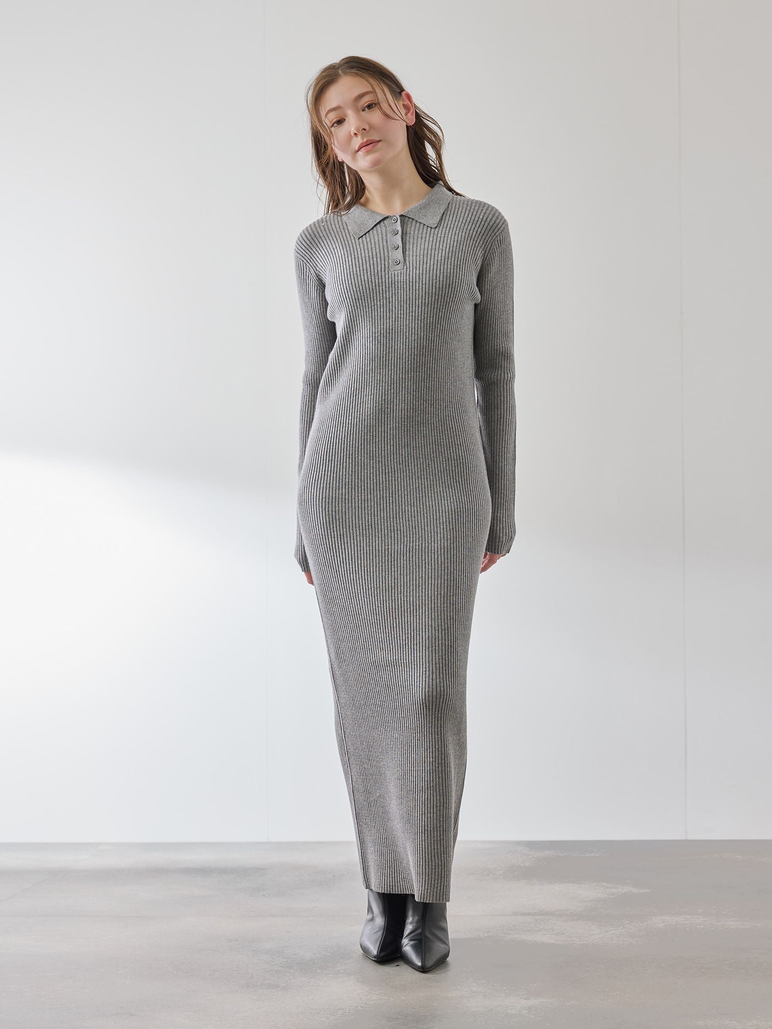 ポロカラーリブニットワンピース≪手洗い可能≫