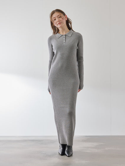 ポロカラーリブニットワンピース≪手洗い可能≫