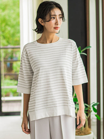 Tシャツ風ボーダーニットプルオーバー≪手洗い可能≫