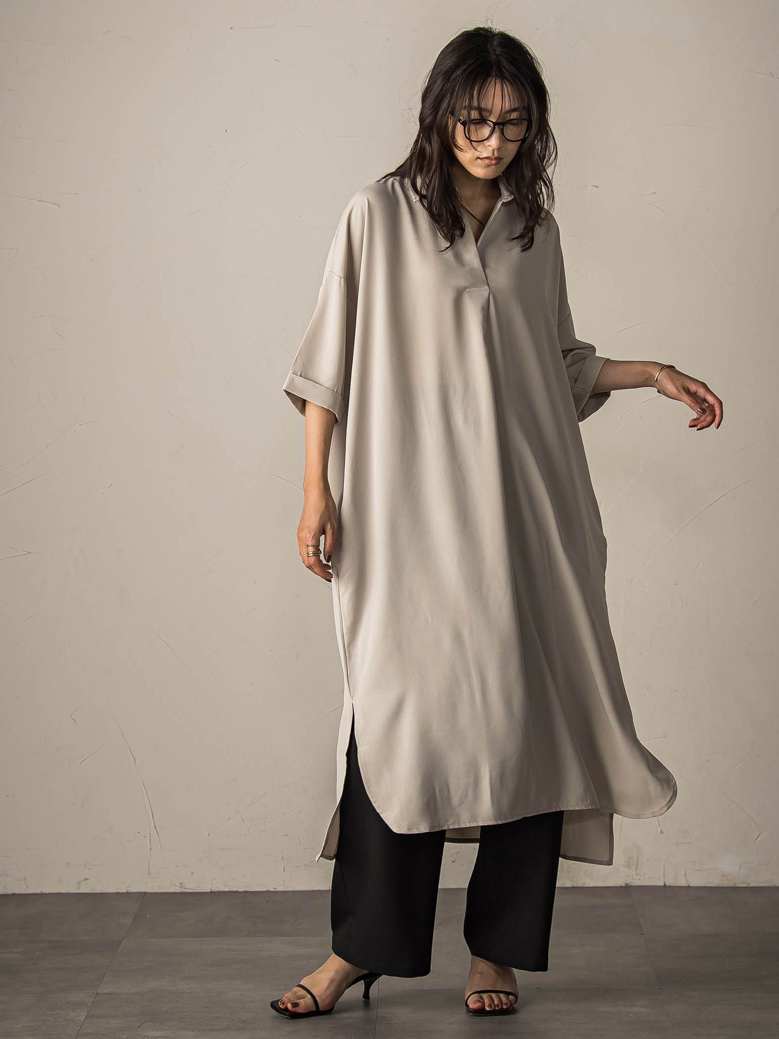 【WEB限定】スキッパーチュニックワンピース≪洗濯機で洗える≫