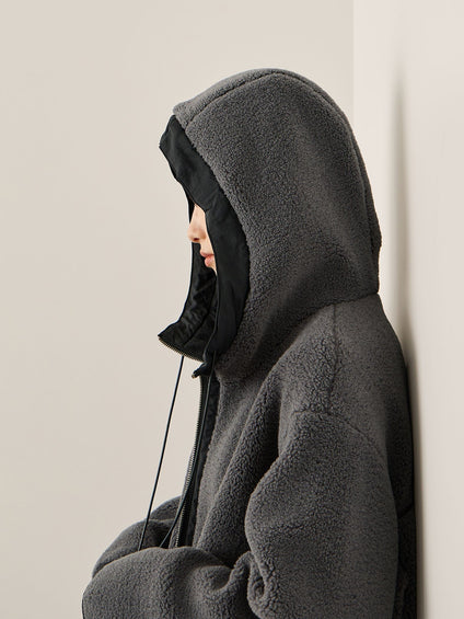 配色ボアフーディコクーンブルゾン