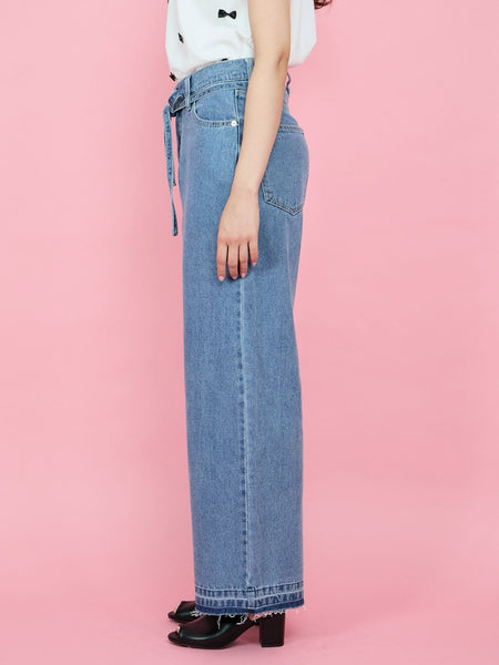 紐ベルト付デニムワイドパンツ≪手洗い可能≫