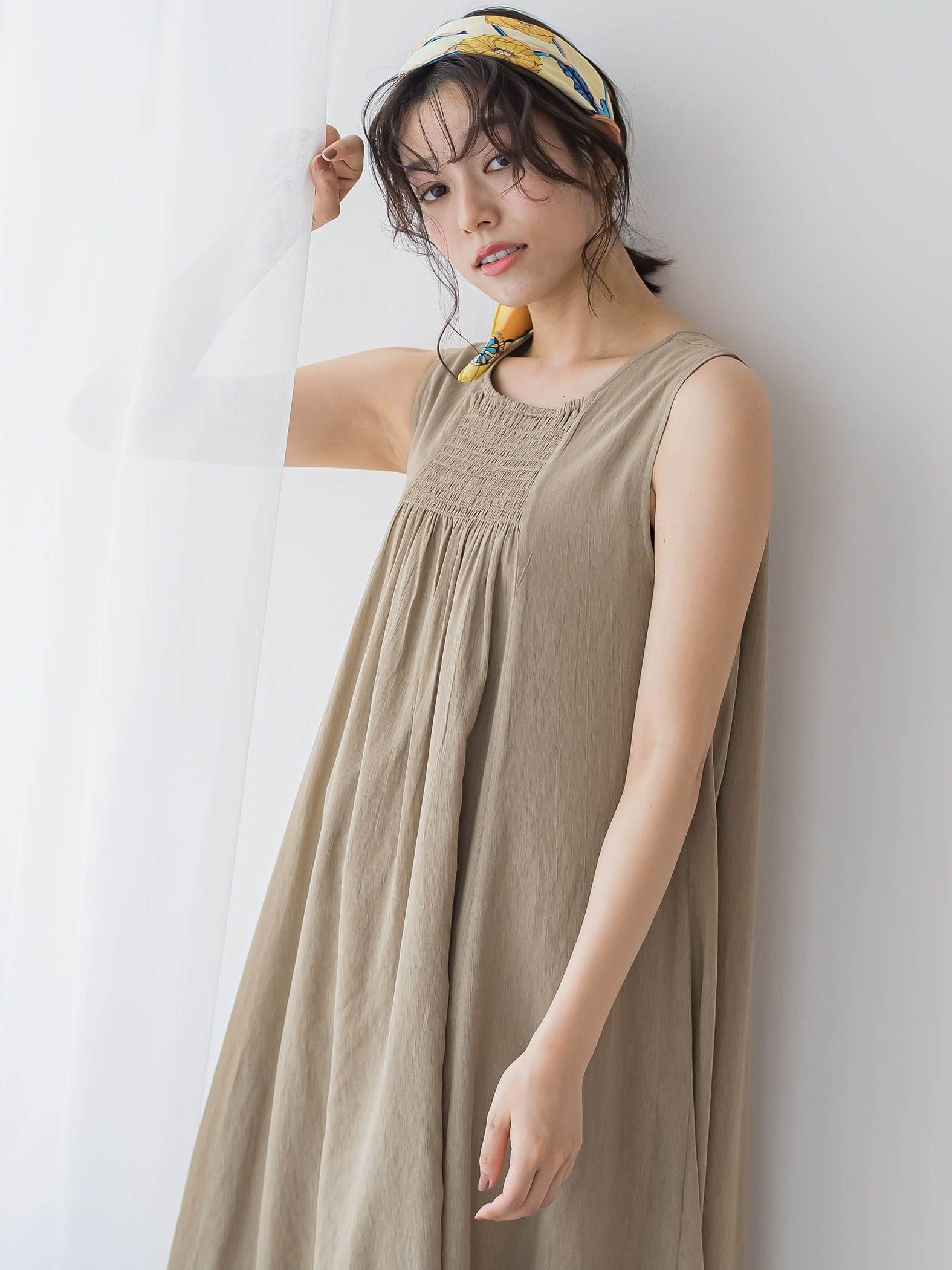 麻調シアー2WAYシャーリングワンピース≪手洗い可能≫