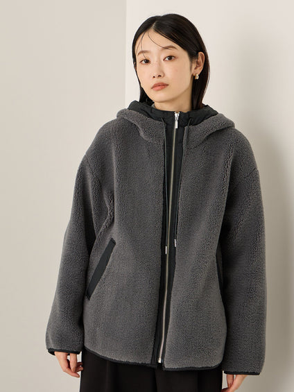 配色ボアフーディコクーンブルゾン