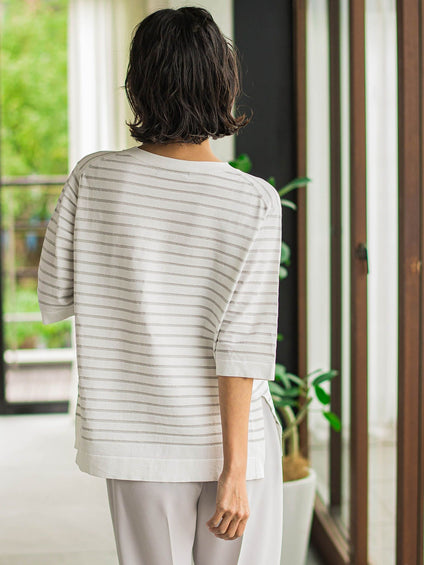【大きいサイズ】Tシャツ風ボーダーニットプルオーバー≪手洗い可能≫