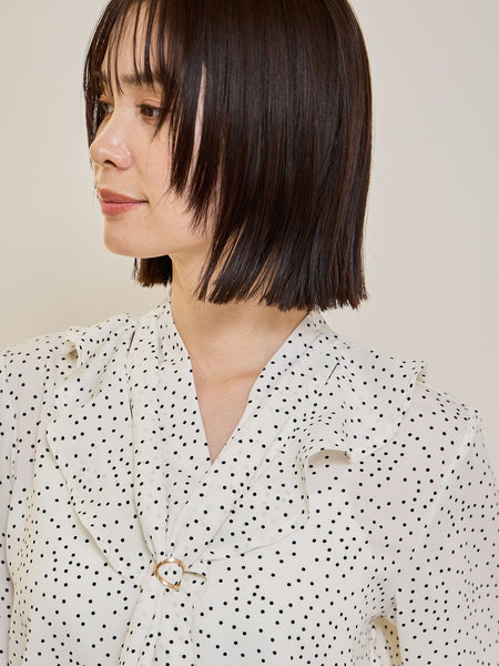 デシンVネックフリルドットボウタイブラウス