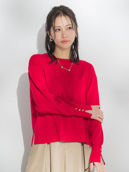 【新色追加】袖ボタンクルーネックニット ≪手洗い可能≫