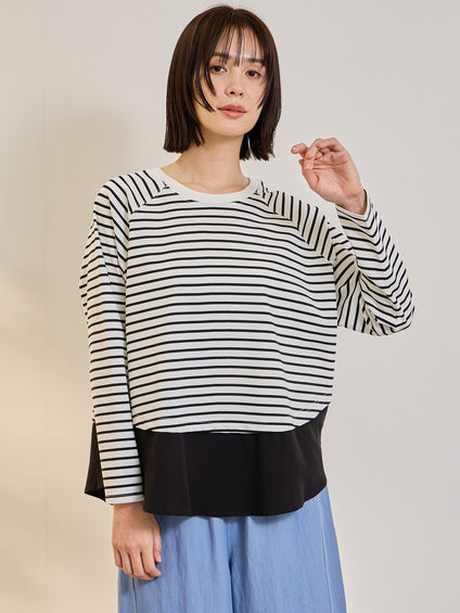 ポンチローマ異素材ラウンドヘムカットソー