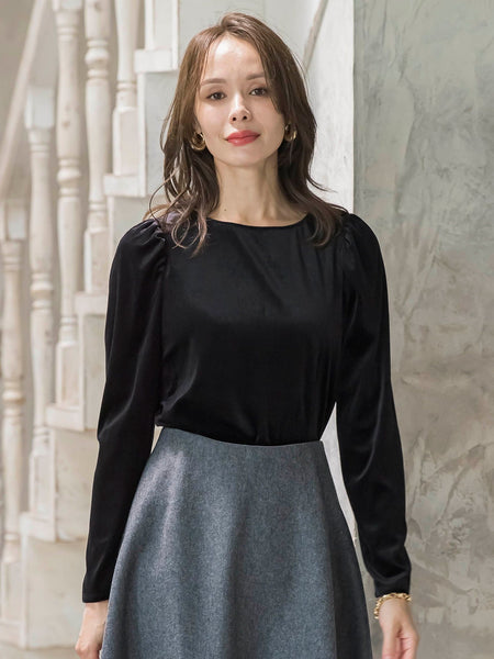 パフ袖ベロアカットソー≪手洗い可能≫