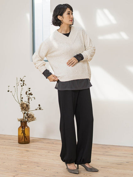 【大きいサイズ】ツヤモールVネックニット