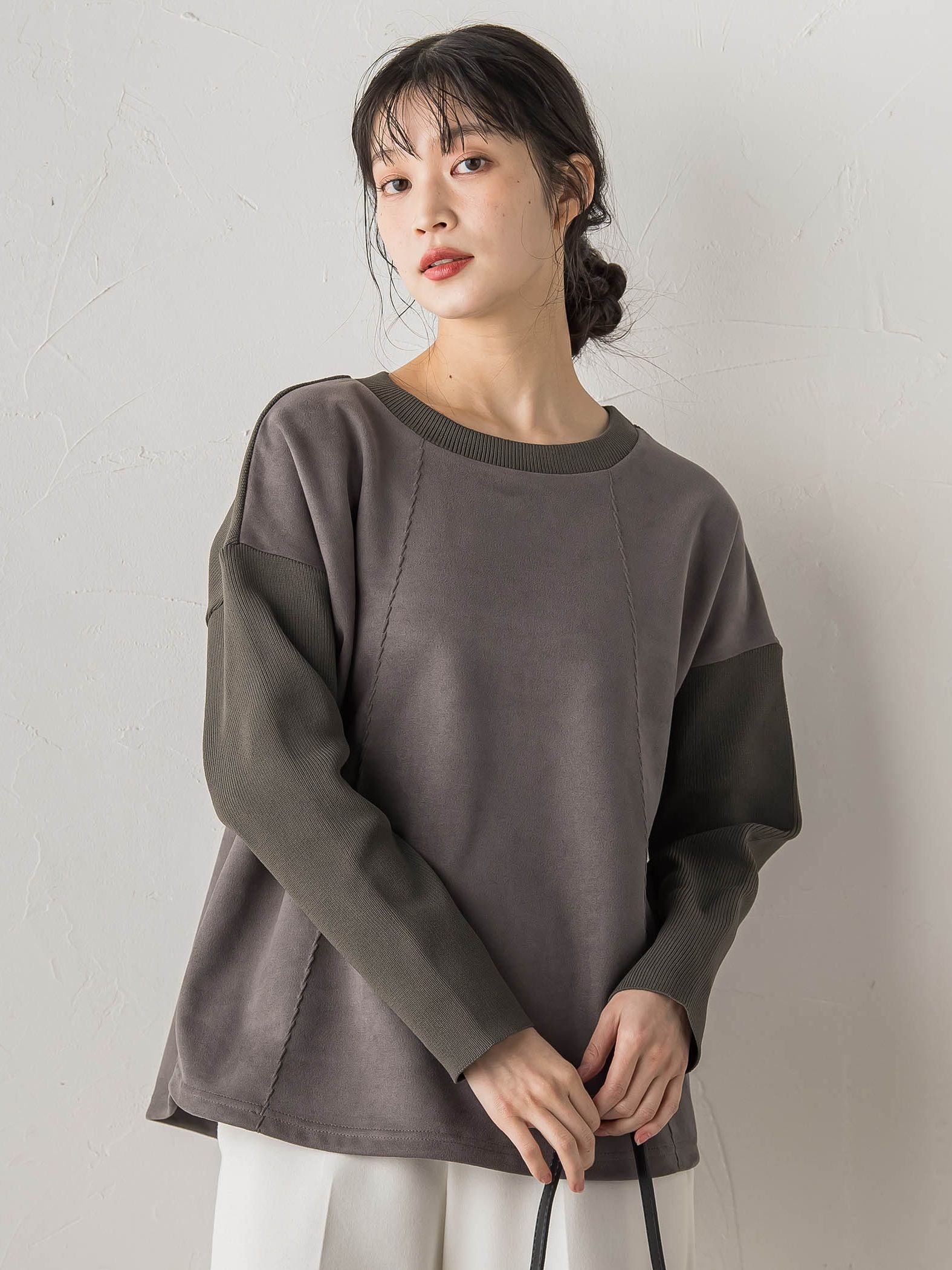 スエード×リブ変形切替えプルオーバー≪手洗い可能≫