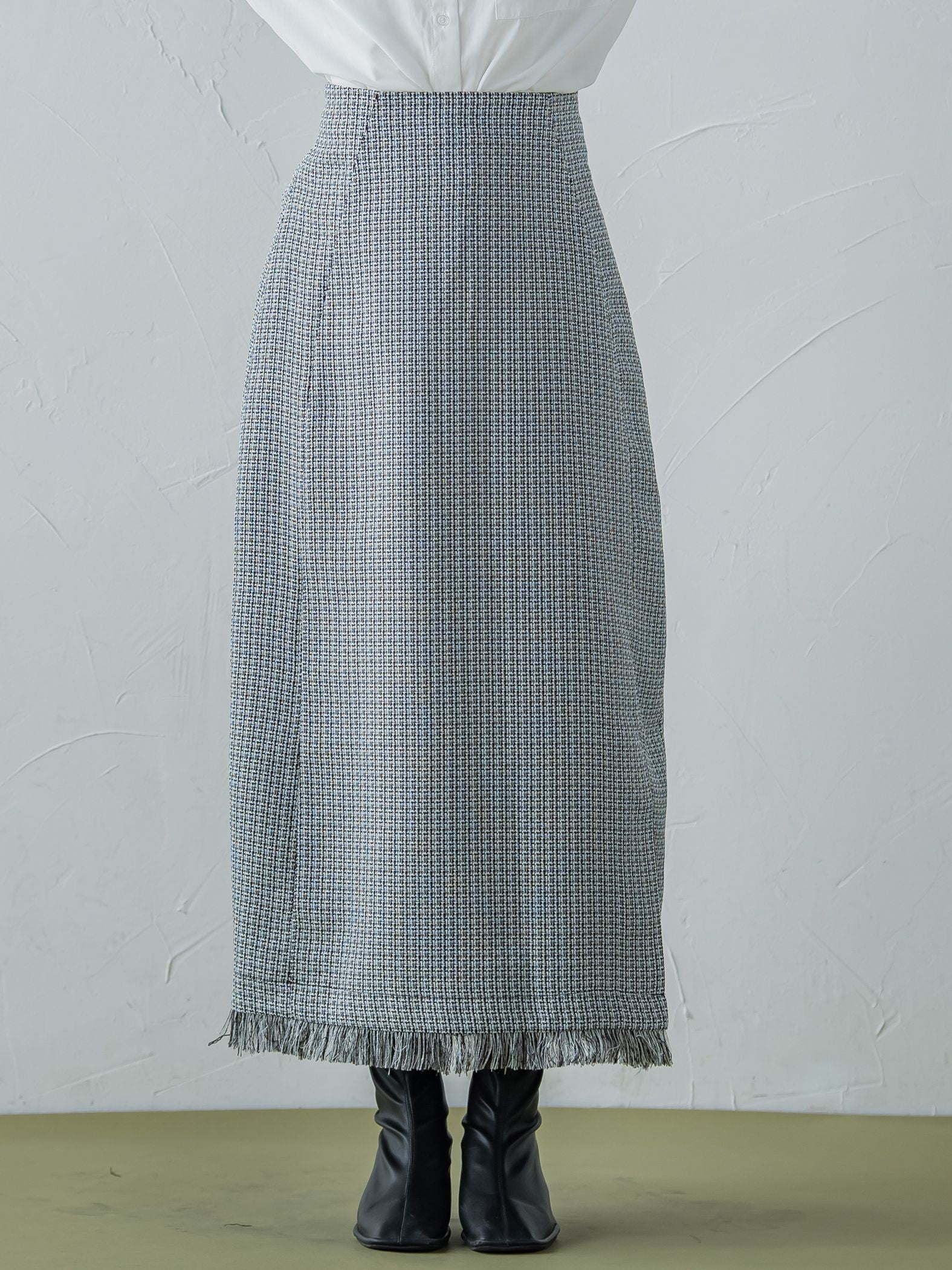 【秋のムードがたっぷり】ツィードフリンジスリットナロースカート《洗濯機で洗える》
