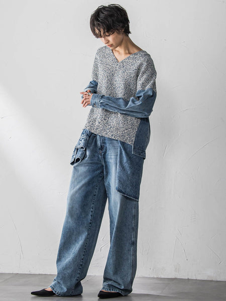 デニムドッキングVネックニットプルオーバー≪洗濯機で洗える≫