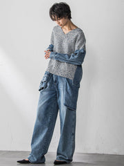 デニムドッキングVネックニットプルオーバー≪洗濯機で洗える≫