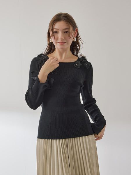 3Dフラワーボートネックニット≪手洗い可能≫