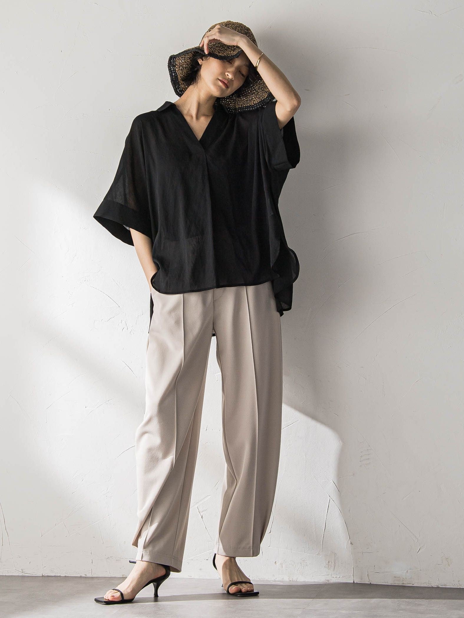 麻調シアーBACKタックスキッパーブラウス