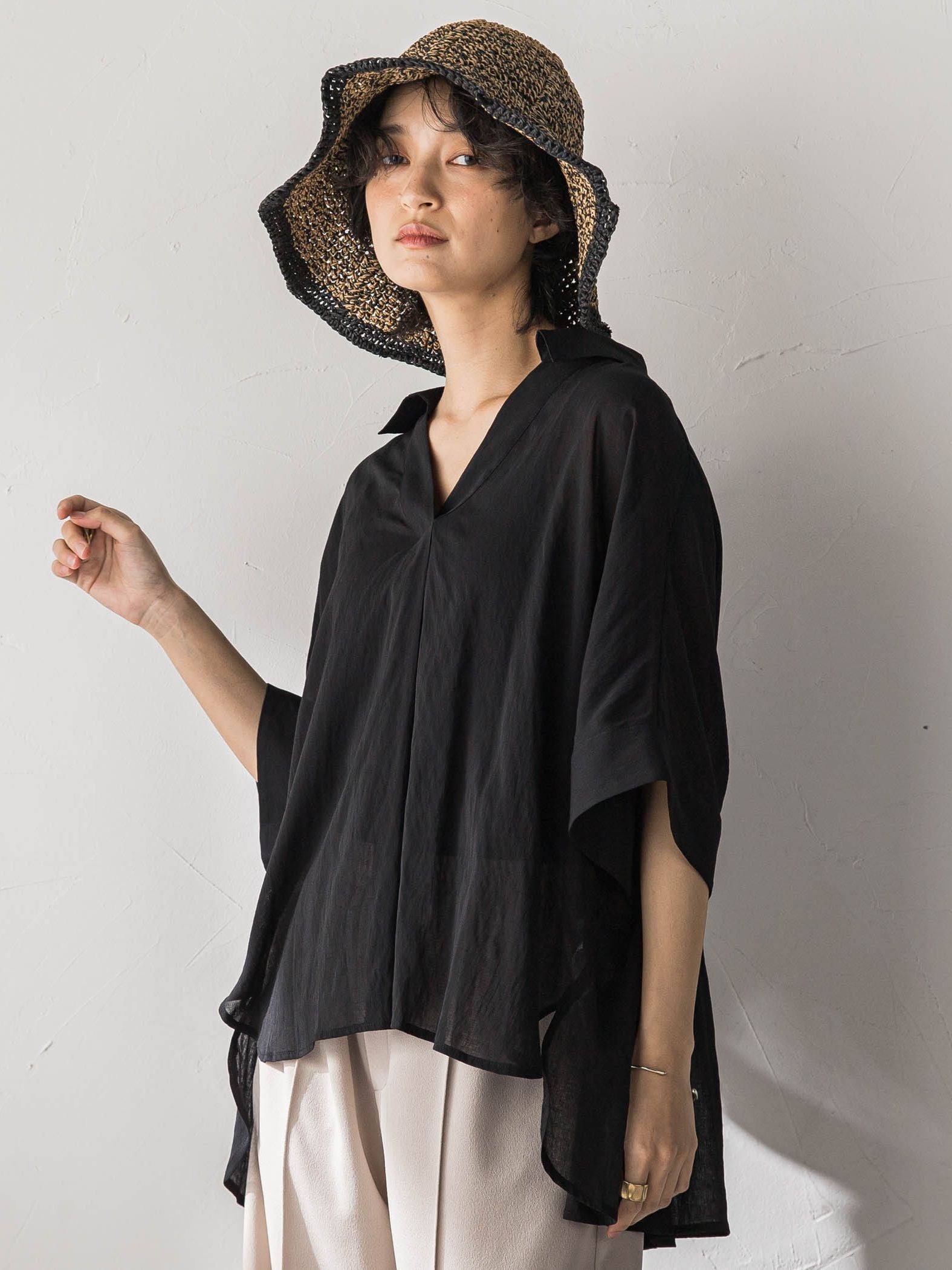 麻調シアーBACKタックスキッパーブラウス