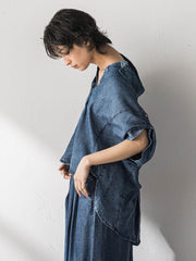 ゆれるデニム5分袖スキッパーブラウス