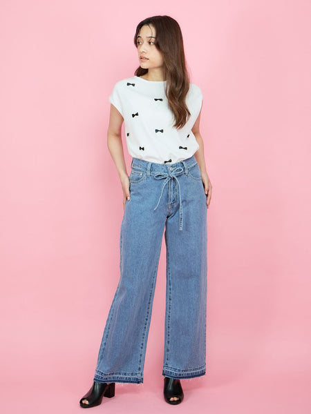 紐ベルト付デニムワイドパンツ≪手洗い可能≫