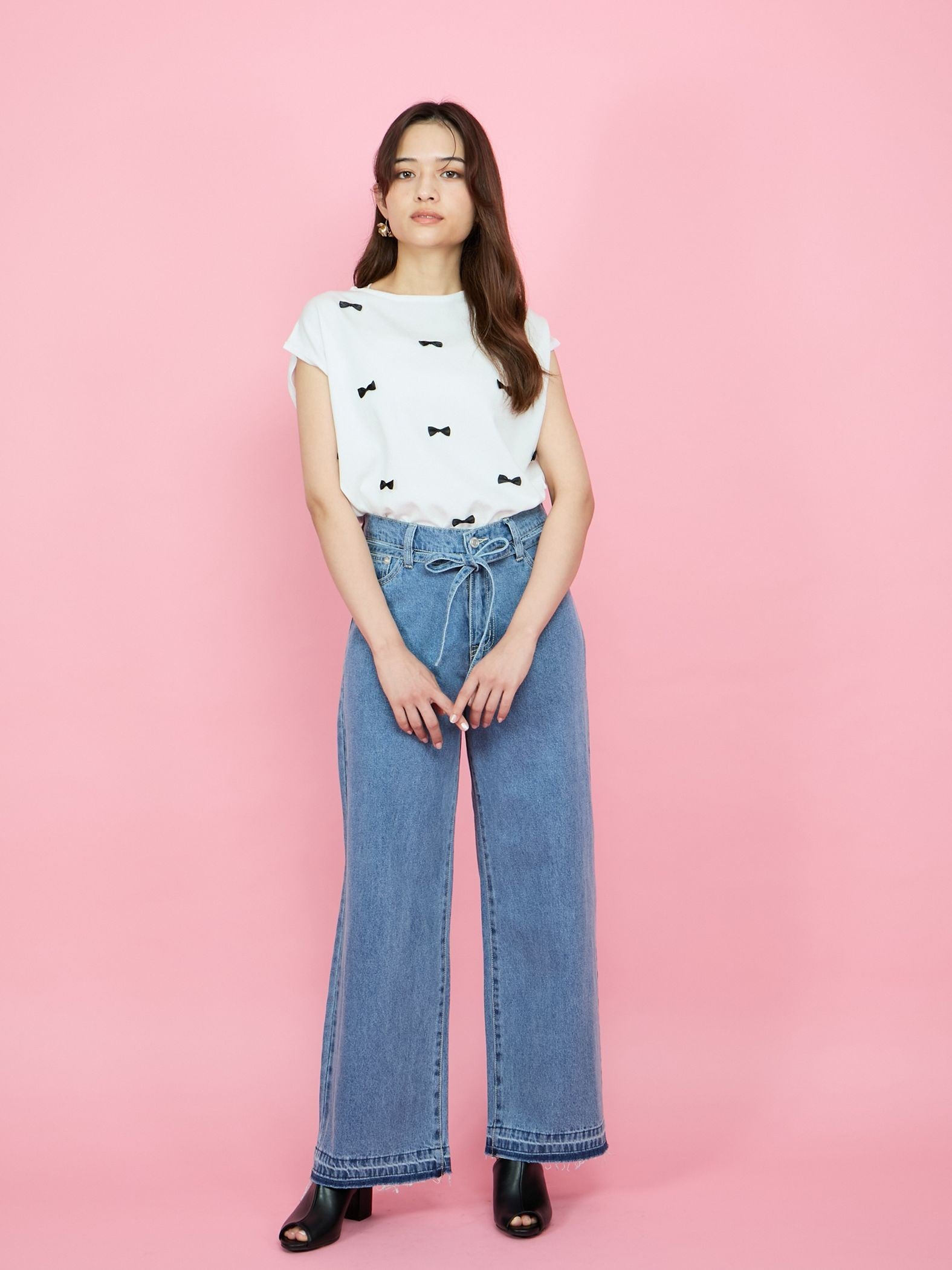 紐ベルト付デニムワイドパンツ≪手洗い可能≫