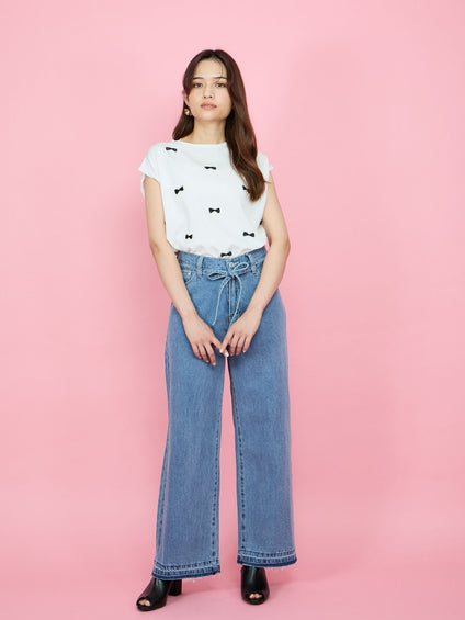 紐ベルト付デニムワイドパンツ≪手洗い可能≫