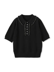 鹿の子編み配色フリルポロニットプルオーバー