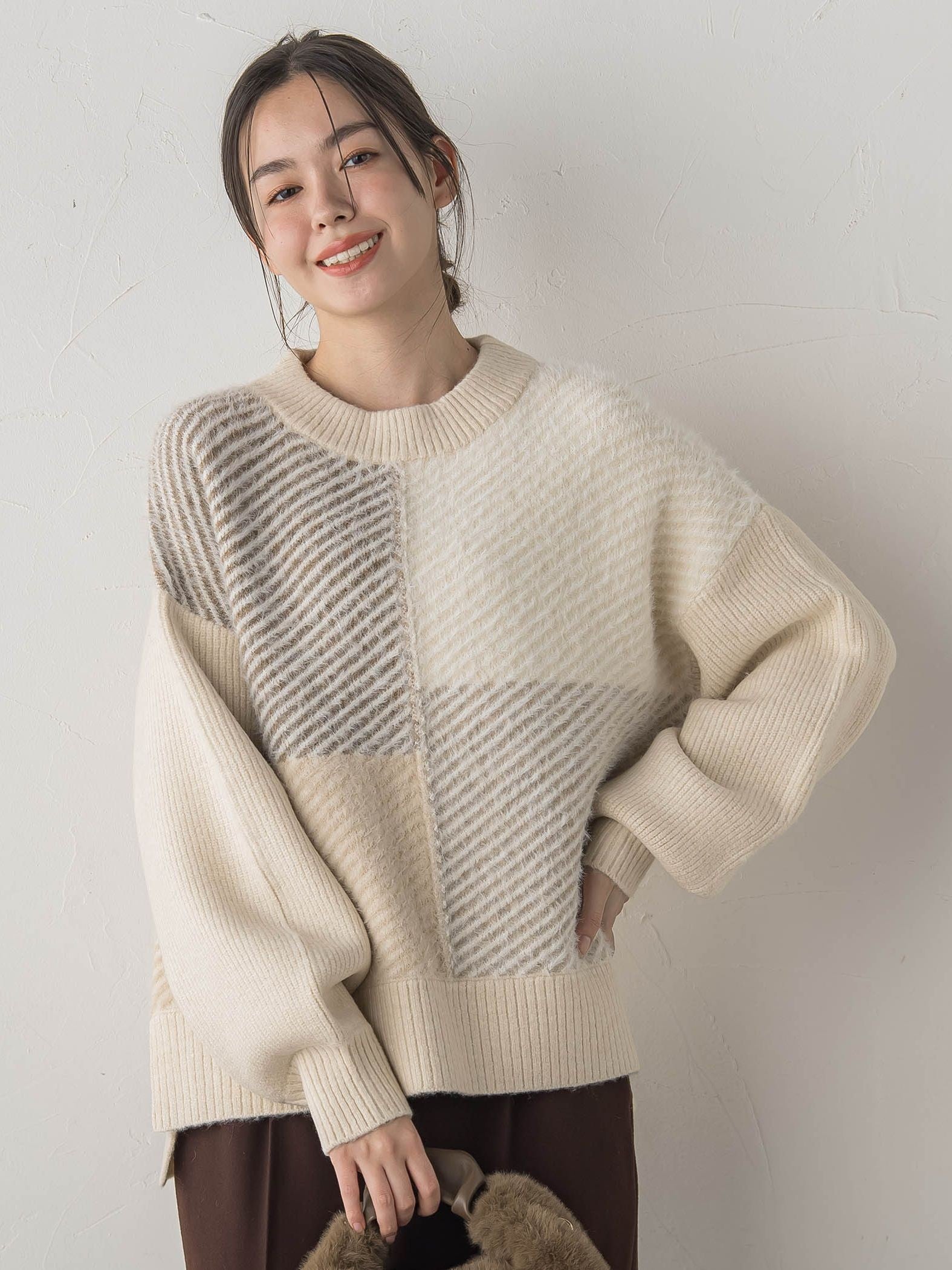 シャギージャガード切替えニット≪手洗い可能≫