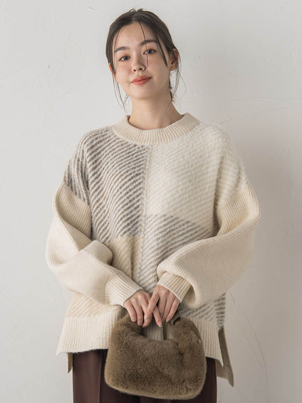 シャギージャガード切替えニット≪手洗い可能≫