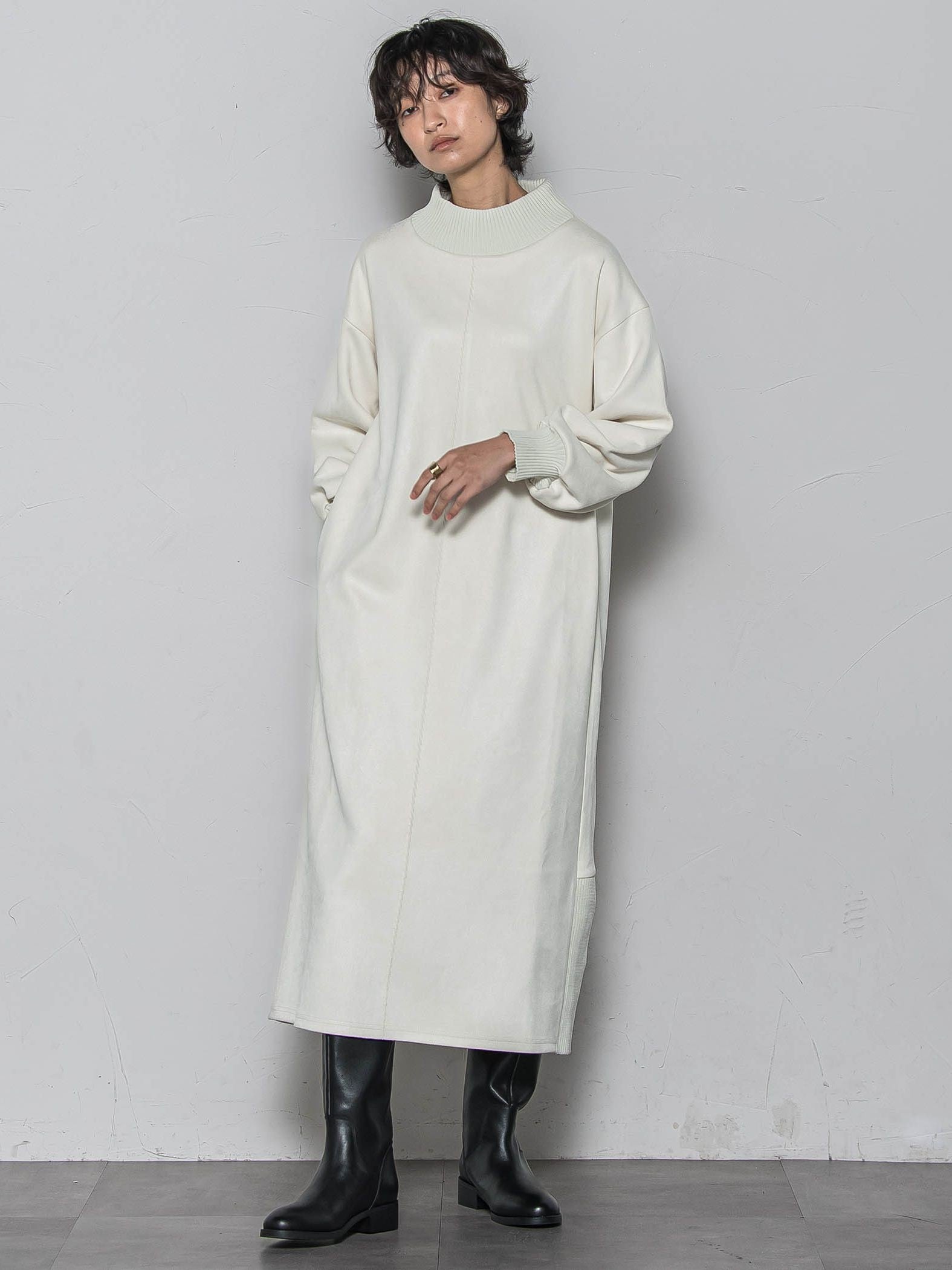 【WEB限定】スウェード×リブモックネックワンピース≪手洗い可能≫
