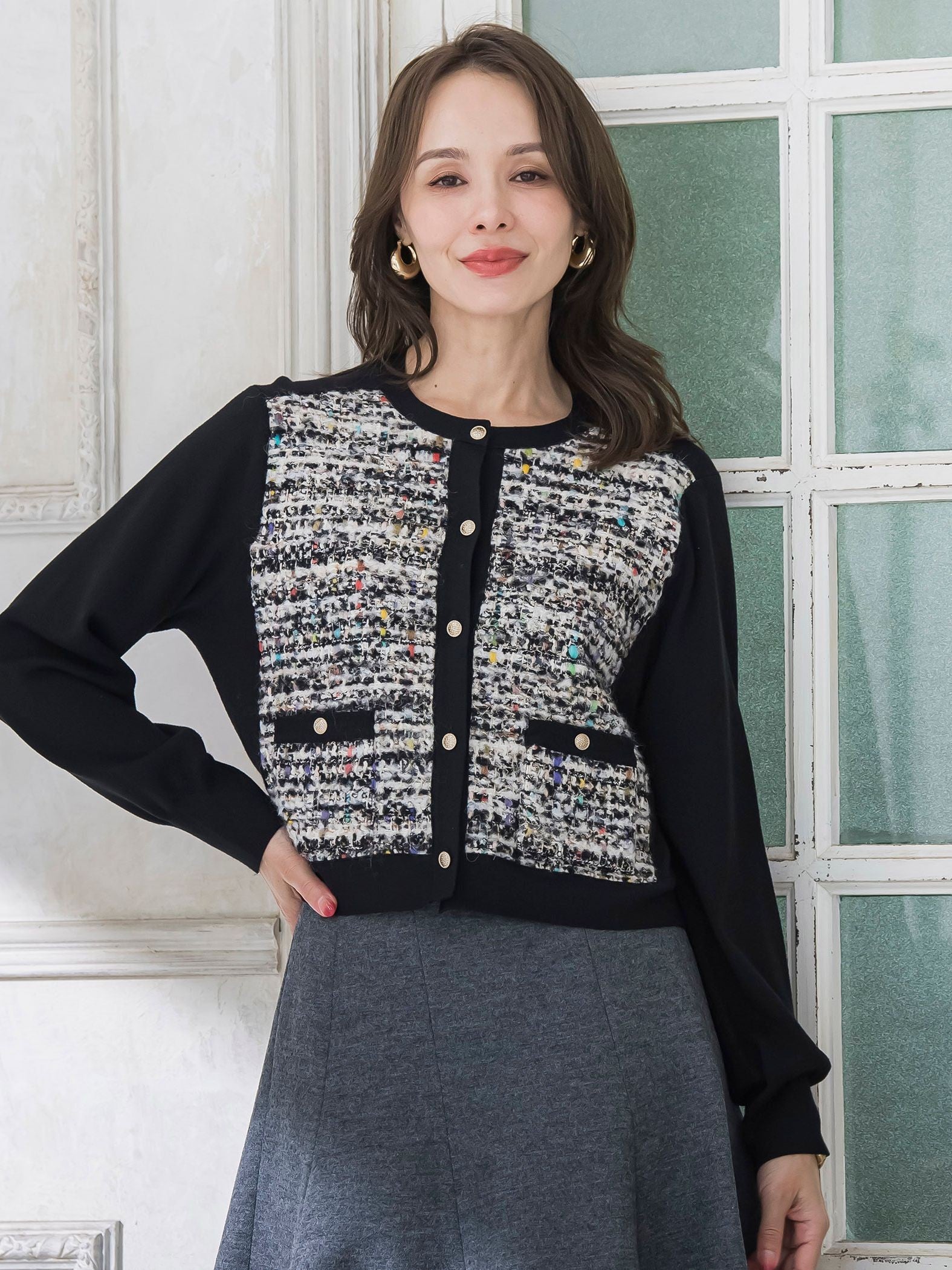 CLARENSONミックスツイードカーディガン