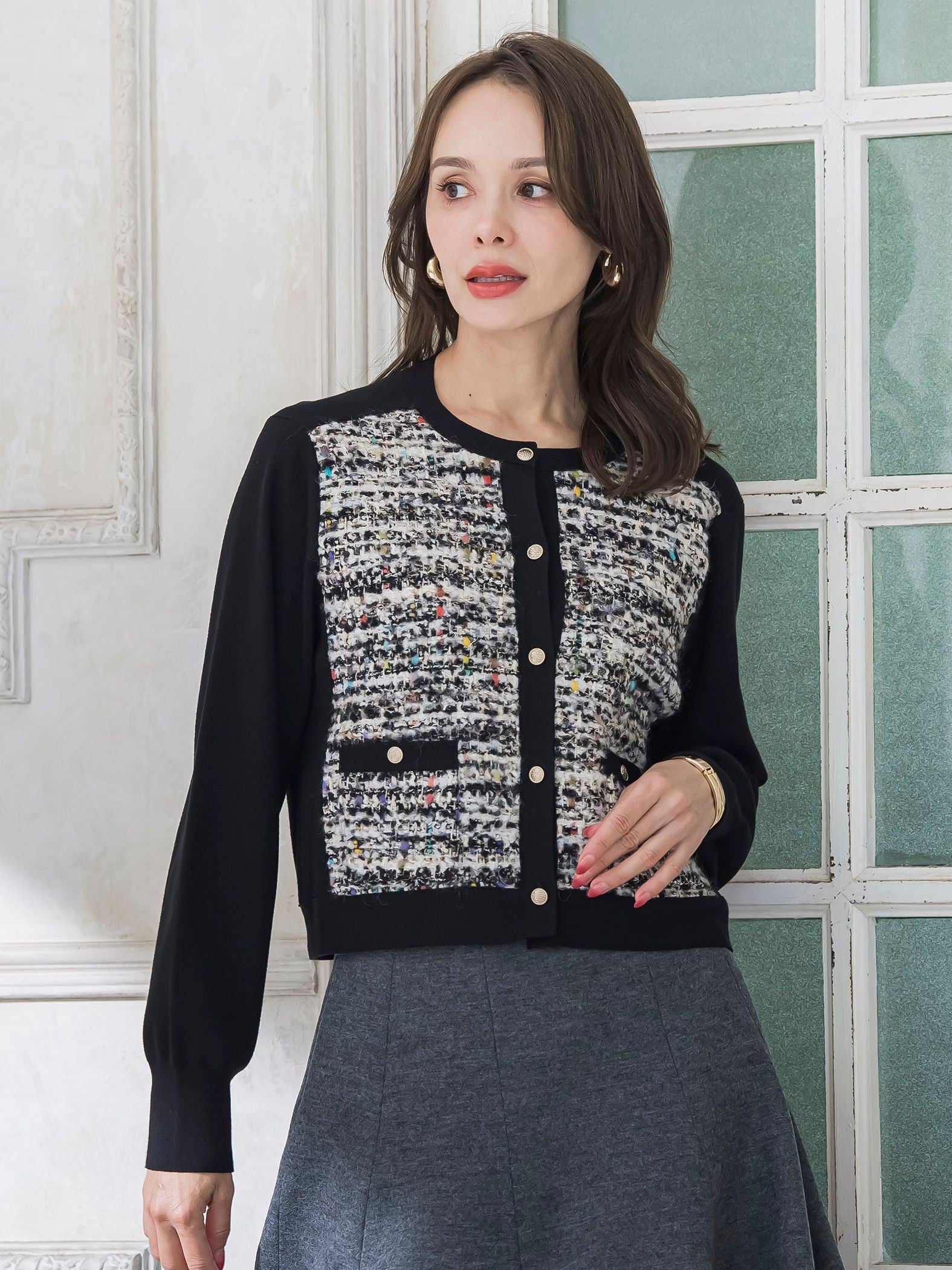 CLARENSONミックスツイードカーディガン