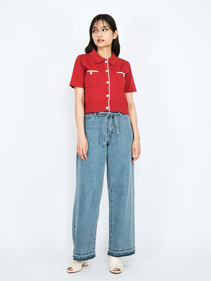 紐ベルト付デニムワイドパンツ≪手洗い可能≫