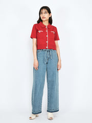 紐ベルト付デニムワイドパンツ≪手洗い可能≫