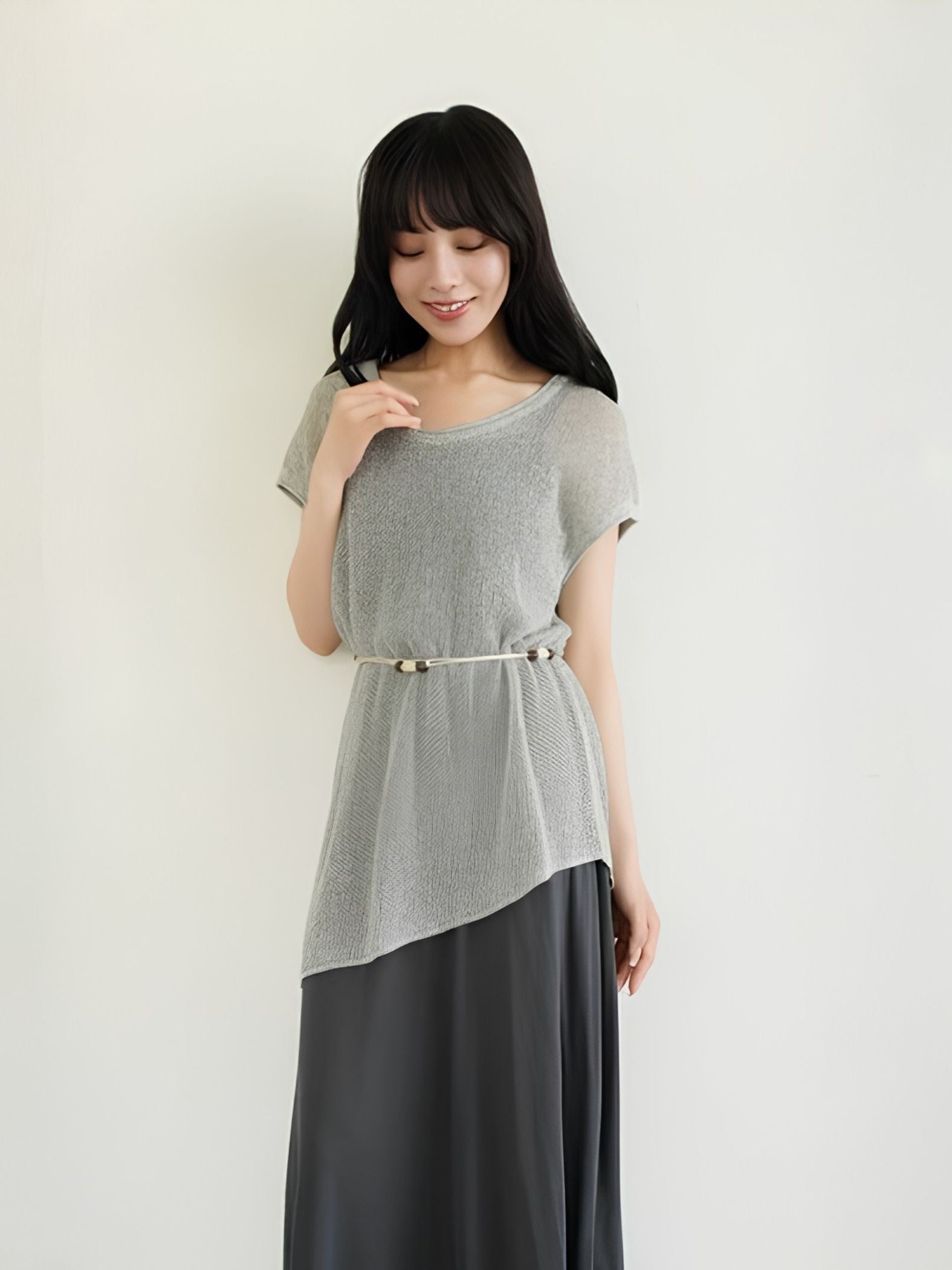【小さいサイズ】メッシュニット×キャミワンピース×デザインベルト