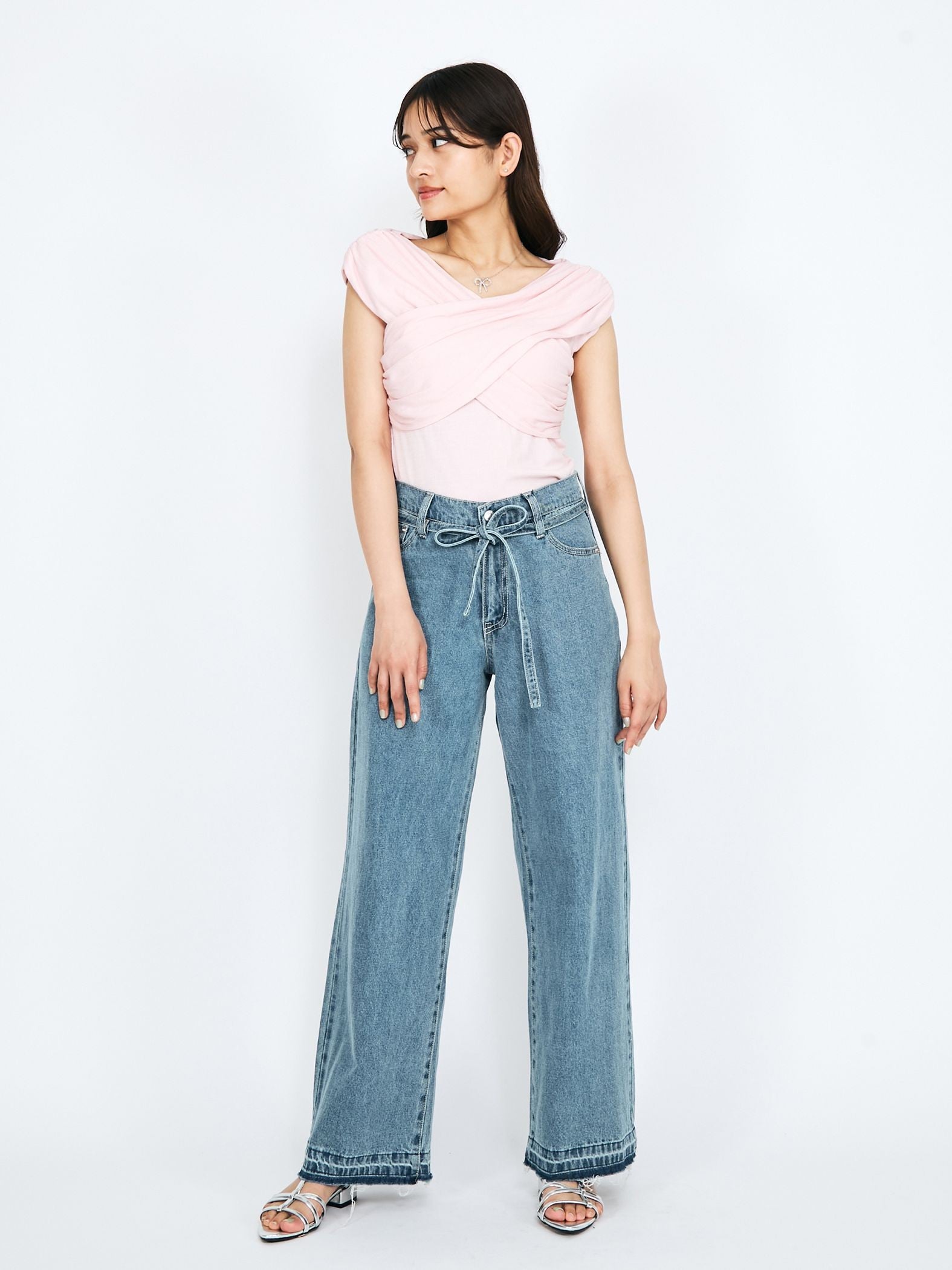 紐ベルト付デニムワイドパンツ≪手洗い可能≫