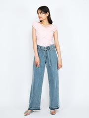 紐ベルト付デニムワイドパンツ≪手洗い可能≫