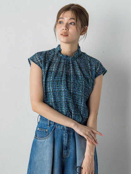 【WEB限定】カットジャガードチェックプリントブラウス